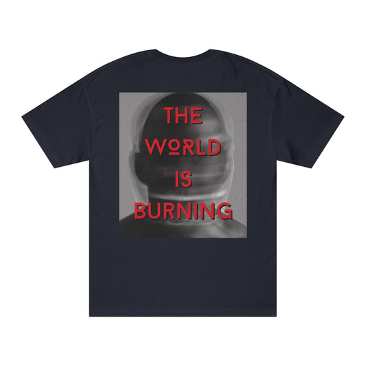 The World is Burning graphic tee with bold statement design