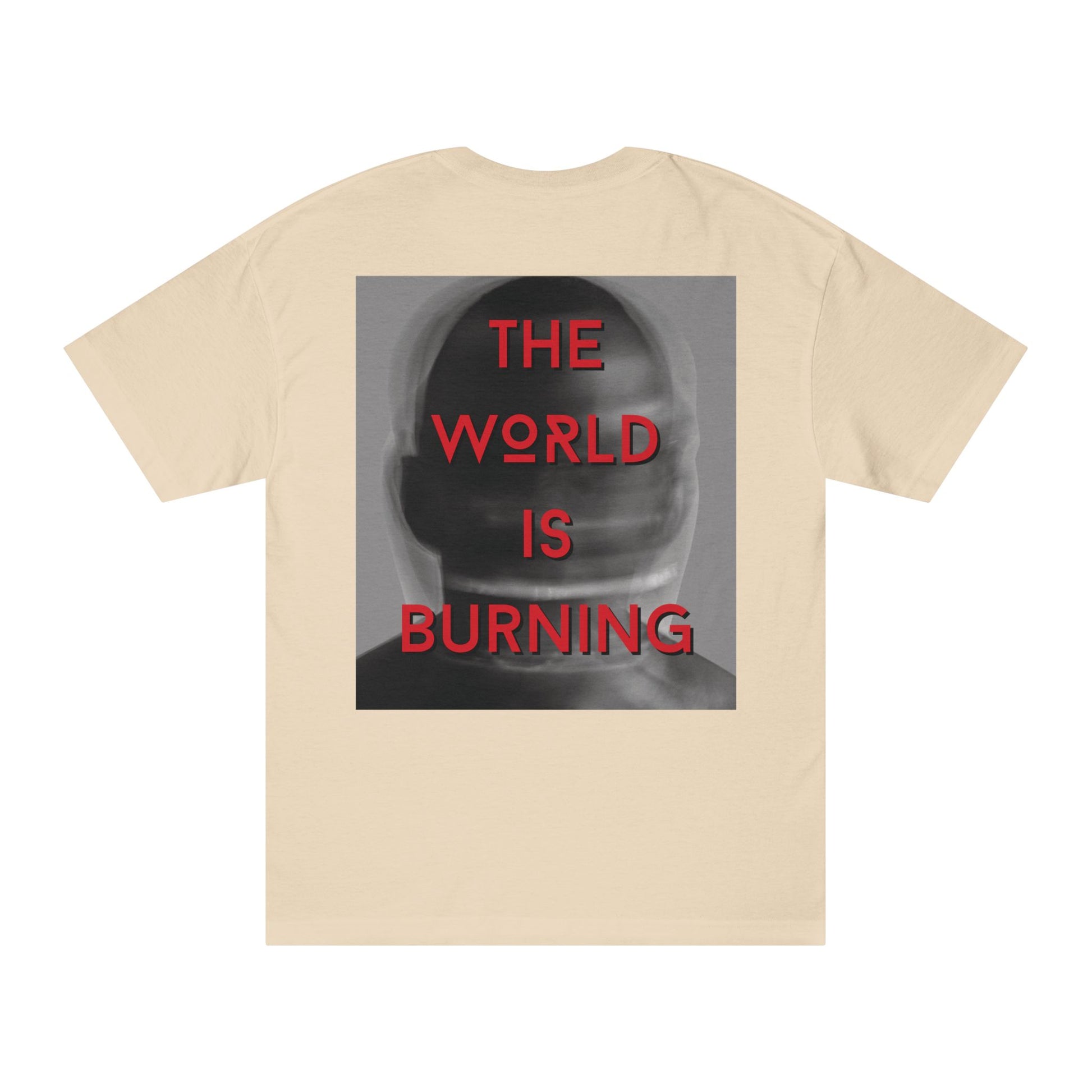 The World is Burning tee - back view showing soft cotton fabric